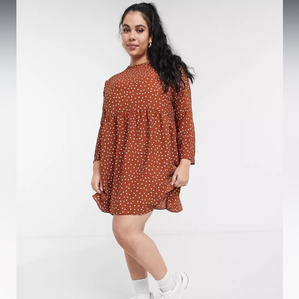 ASOS DESIGN Curve long sleeve smock mini dress in rust dot